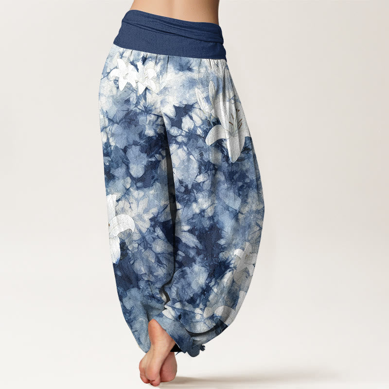 Pantalon harem pour femme, taille élastique, en pur coton, motif lys aquarelle, style Buddha Stones - image 1