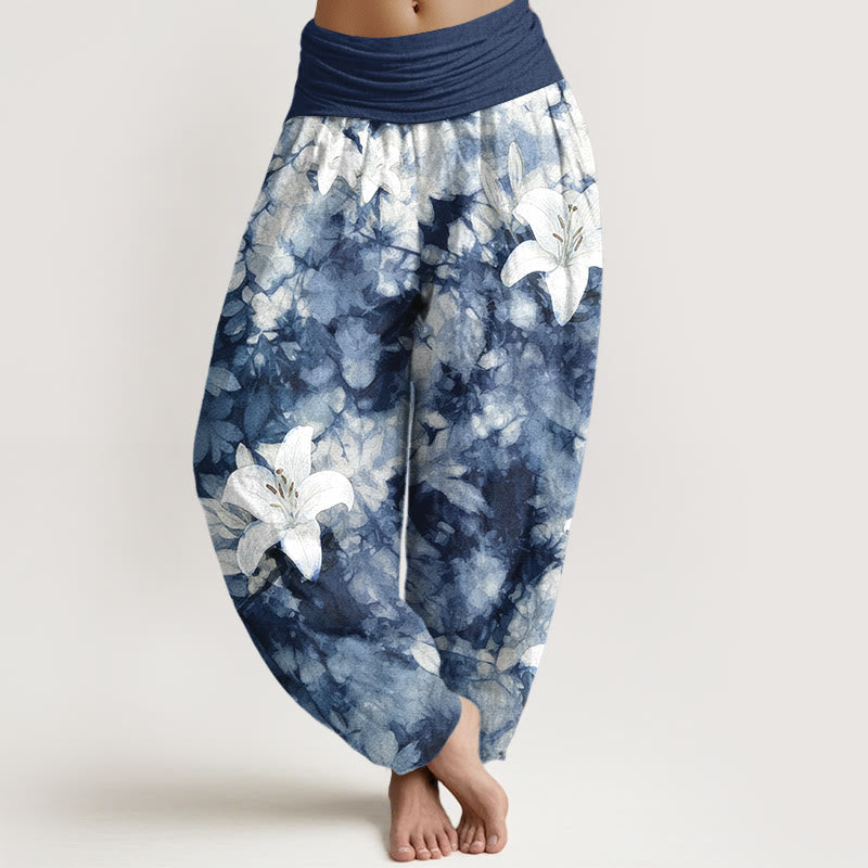Pantalon harem pour femme, taille élastique, en pur coton, motif lys aquarelle, style Buddha Stones - Bleu nuit - US16，UK/AU20，EU48 (3XL) - image 0