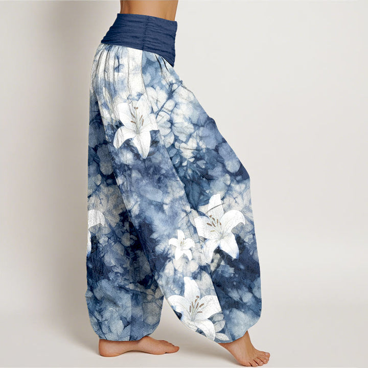 Pantalon harem pour femme, taille élastique, en pur coton, motif lys aquarelle, style Buddha Stones - image 2