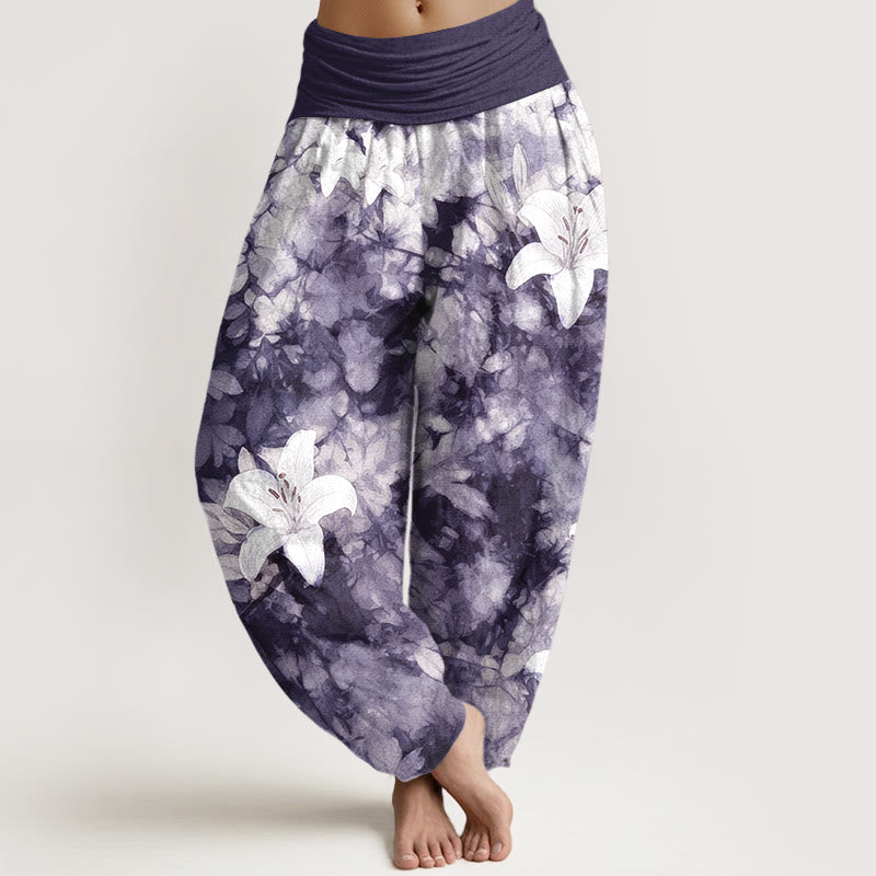 Pantalon harem pour femme, taille élastique, en pur coton, motif lys aquarelle, style Buddha Stones - Indigo - US16，UK/AU20，EU48 (3XL) - image 5