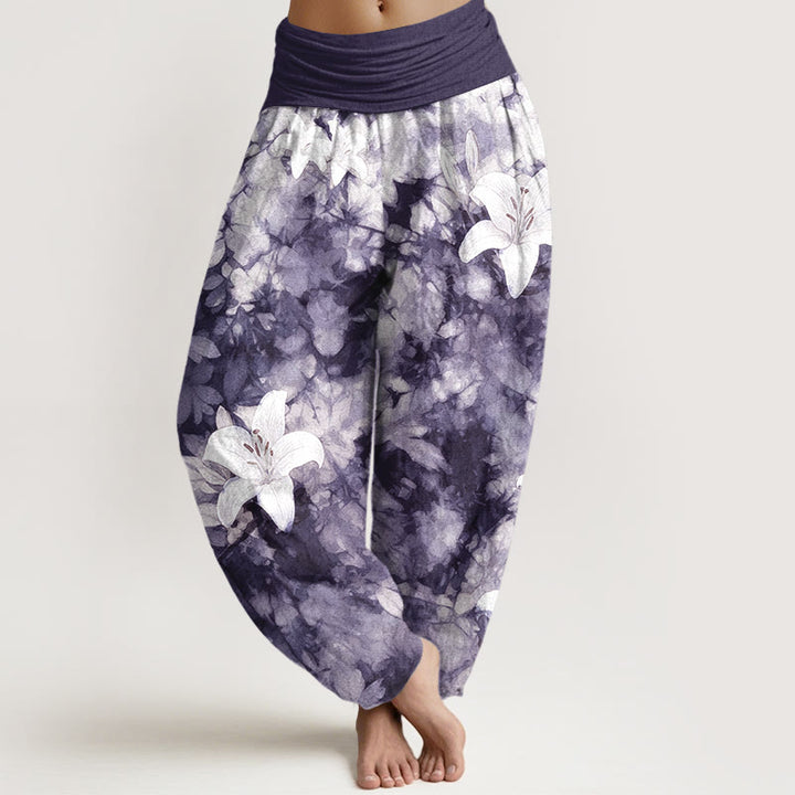 Pantalon harem pour femme, taille élastique, en pur coton, motif lys aquarelle, style Buddha Stones - Indigo - US16，UK/AU20，EU48 (3XL) - image 5