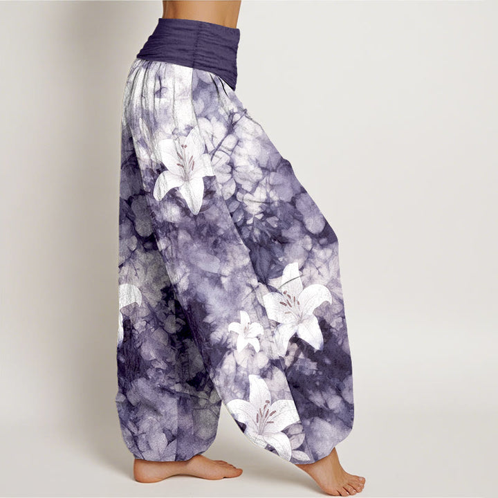 Pantalon harem pour femme, taille élastique, en pur coton, motif lys aquarelle, style Buddha Stones - image 7