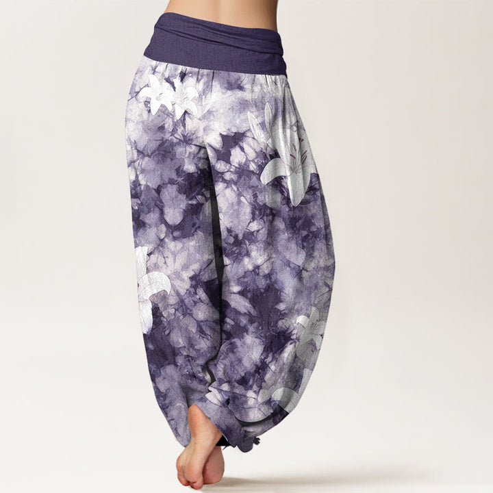 Pantalon harem pour femme, taille élastique, en pur coton, motif lys aquarelle, style Buddha Stones - image 6