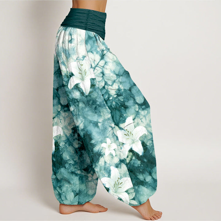 Pantalon harem pour femme, taille élastique, en pur coton, motif lys aquarelle, style Buddha Stones - image 10