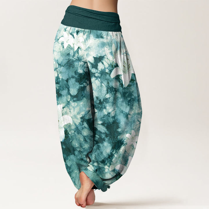 Pantalon harem pour femme, taille élastique, en pur coton, motif lys aquarelle, style Buddha Stones - image 9