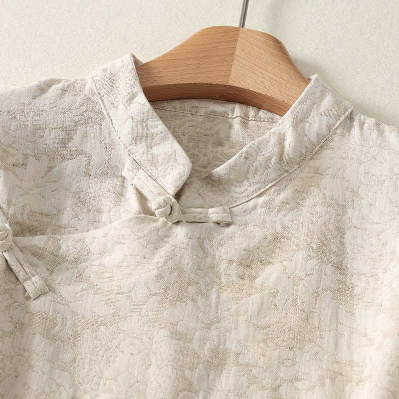 Chemise à manches longues en coton et lin Buddha Stones pour femme, motif texturé, fermeture à boutons brandebourg. - image 2