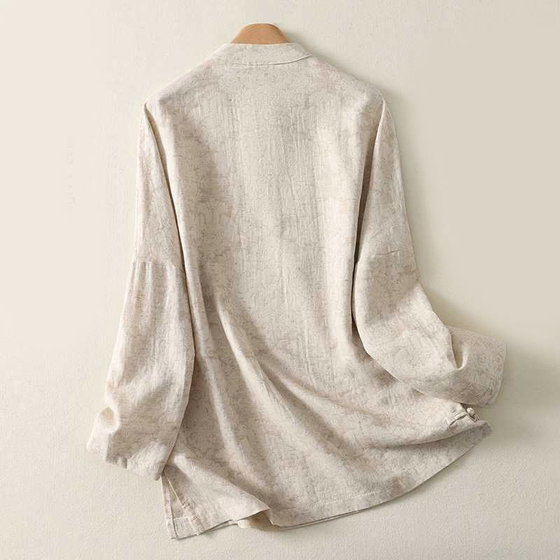 Chemise à manches longues en coton et lin Buddha Stones pour femme, motif texturé, fermeture à boutons brandebourg. - image 1