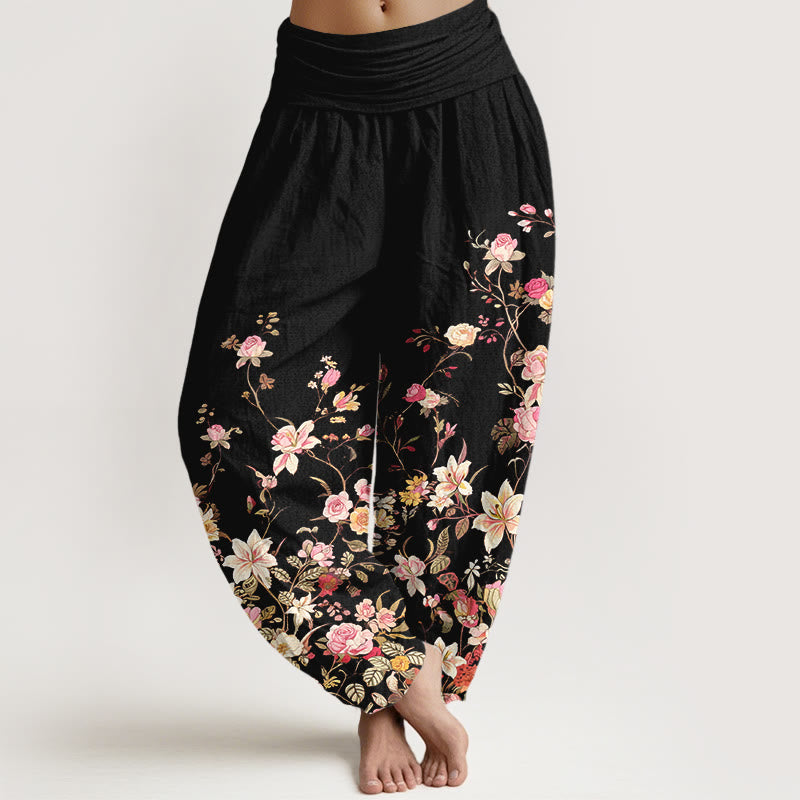 Pantalon harem pour femme en pur coton à motif floral coloré et exquis, orné de Buddha Stones et à taille élastique - Noir - US16，UK/AU20，EU48 (3XL) - image 0
