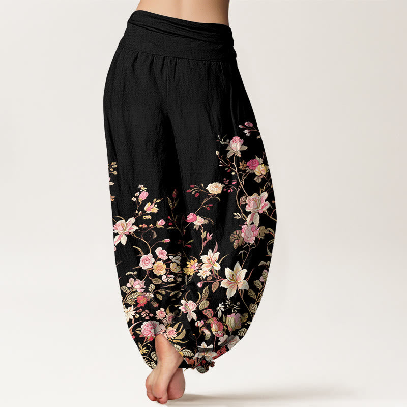 Pantalon harem pour femme en pur coton à motif floral coloré et exquis, orné de Buddha Stones et à taille élastique - image 1