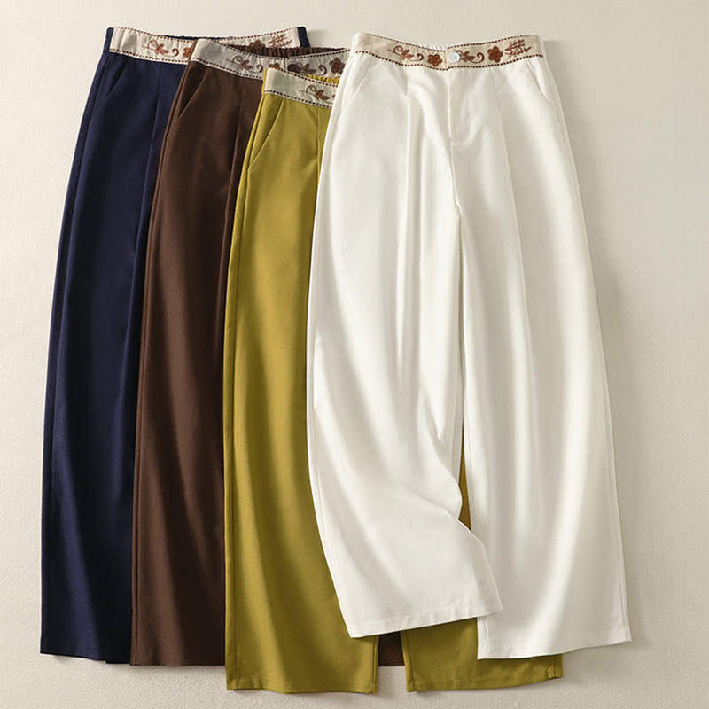 Pantalon large en coton avec poches, taille élastique brodée, motif Buddha Stones et fermeture éclair, pour femme. - image 0