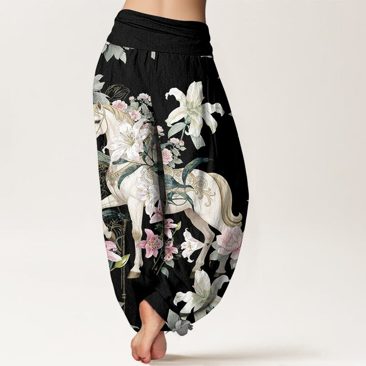 Pantalon harem pour femme, taille élastique, en pur coton, motif romantique de lys et pivoines, Buddha Stones - image 1