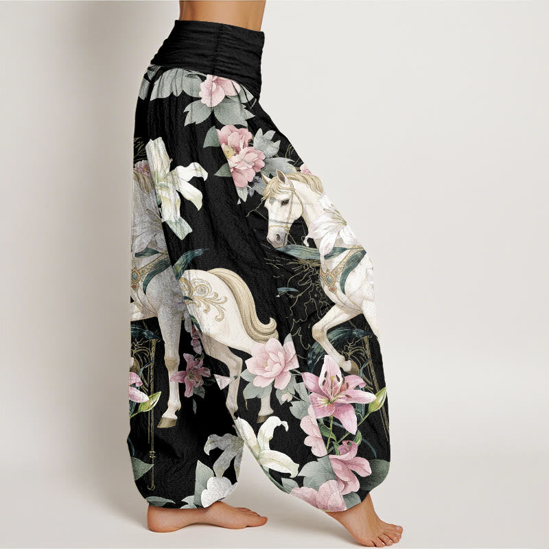 Pantalon harem pour femme, taille élastique, en pur coton, motif romantique de lys et pivoines, Buddha Stones - image 2