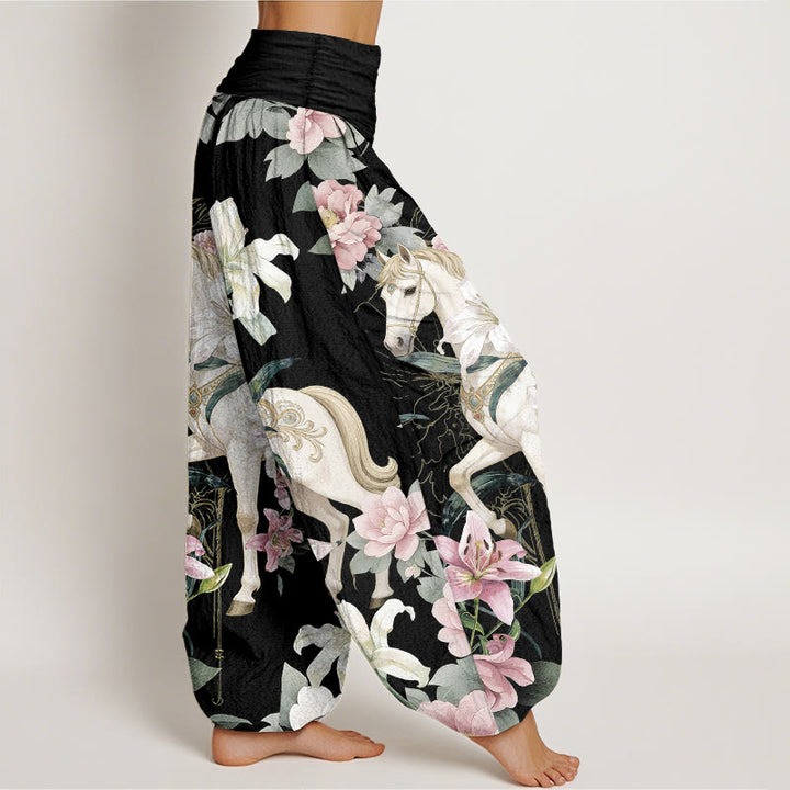 Pantalon harem pour femme, taille élastique, en pur coton, motif romantique de lys et pivoines, Buddha Stones - image 2