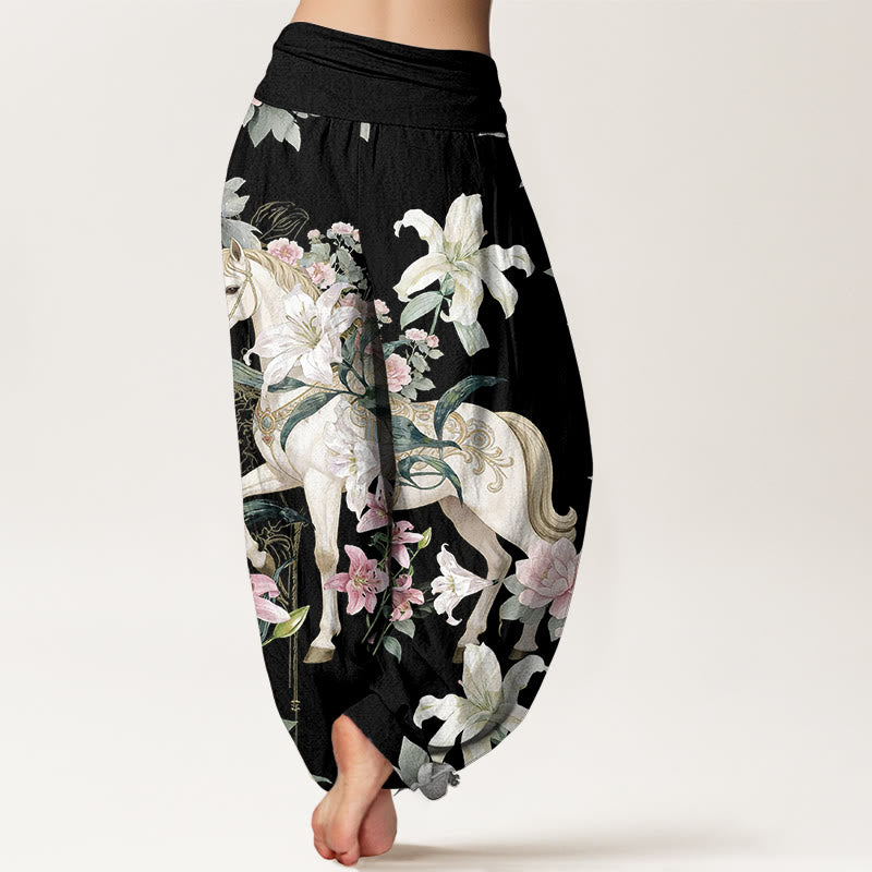 Pantalon harem pour femme, taille élastique, en pur coton, motif romantique de lys et pivoines, Buddha Stones - image 1