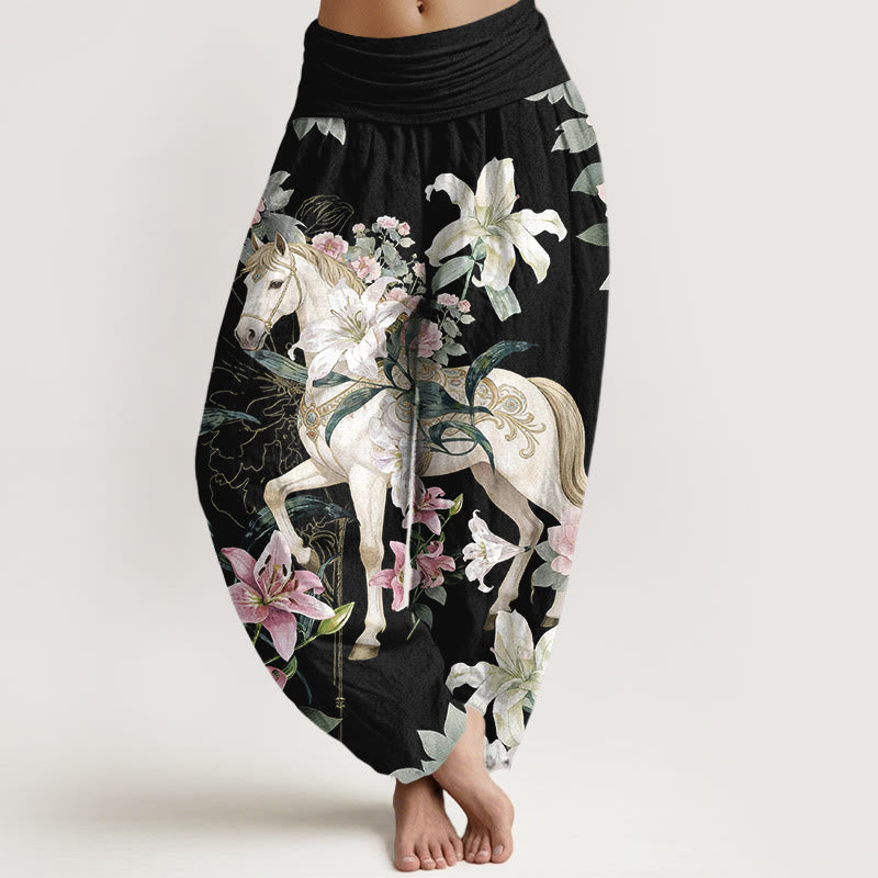 Pantalon harem pour femme, taille élastique, en pur coton, motif romantique de lys et pivoines, Buddha Stones - Noir - US16，UK/AU20，EU48 (3XL) - image 0