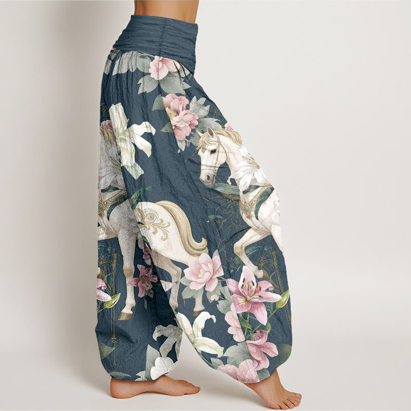 Pantalon harem pour femme, taille élastique, en pur coton, motif romantique de lys et pivoines, Buddha Stones - image 7