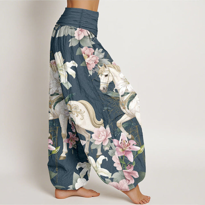Pantalon harem pour femme, taille élastique, en pur coton, motif romantique de lys et pivoines, Buddha Stones - image 7