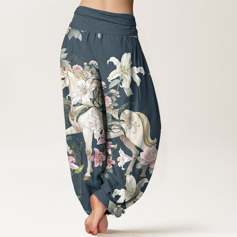 Pantalon harem pour femme, taille élastique, en pur coton, motif romantique de lys et pivoines, Buddha Stones - image 6