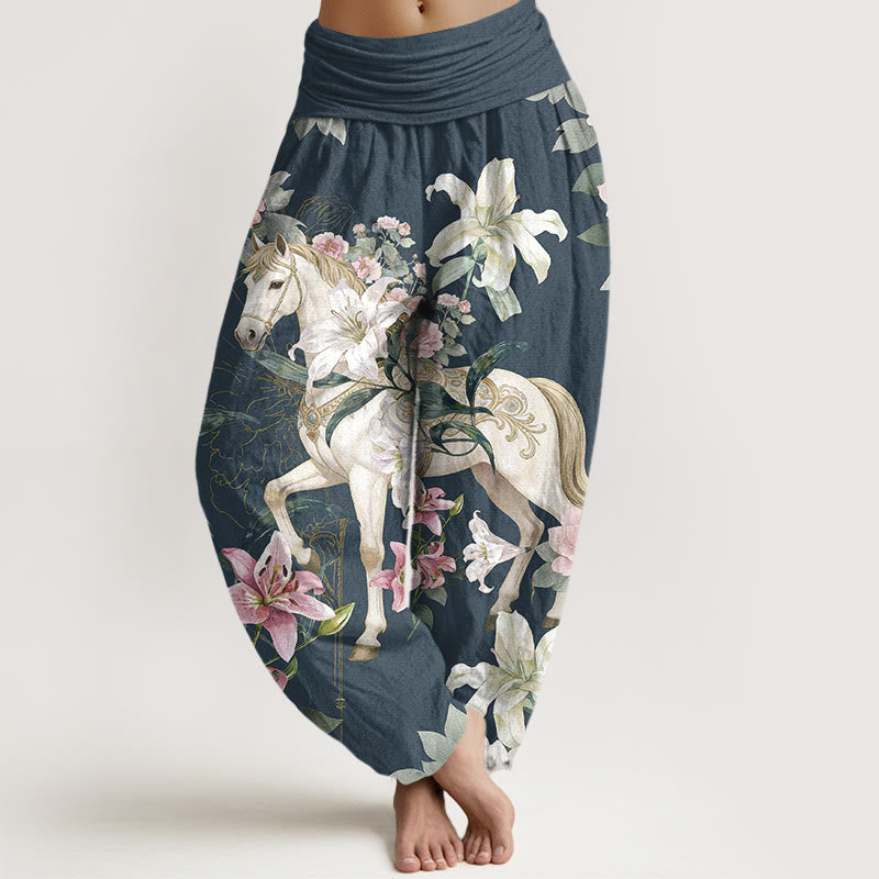 Pantalon harem pour femme, taille élastique, en pur coton, motif romantique de lys et pivoines, Buddha Stones - Bleu ardoise foncé - US16，UK/AU20，EU48 (3XL) - image 5