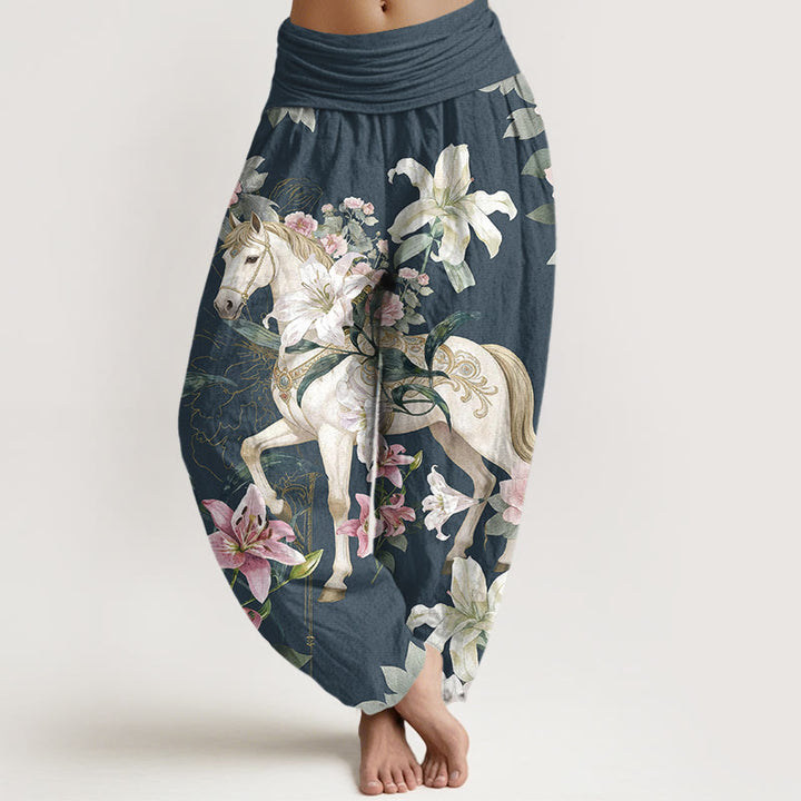 Pantalon harem pour femme, taille élastique, en pur coton, motif romantique de lys et pivoines, Buddha Stones - Bleu ardoise foncé - US16，UK/AU20，EU48 (3XL) - image 5