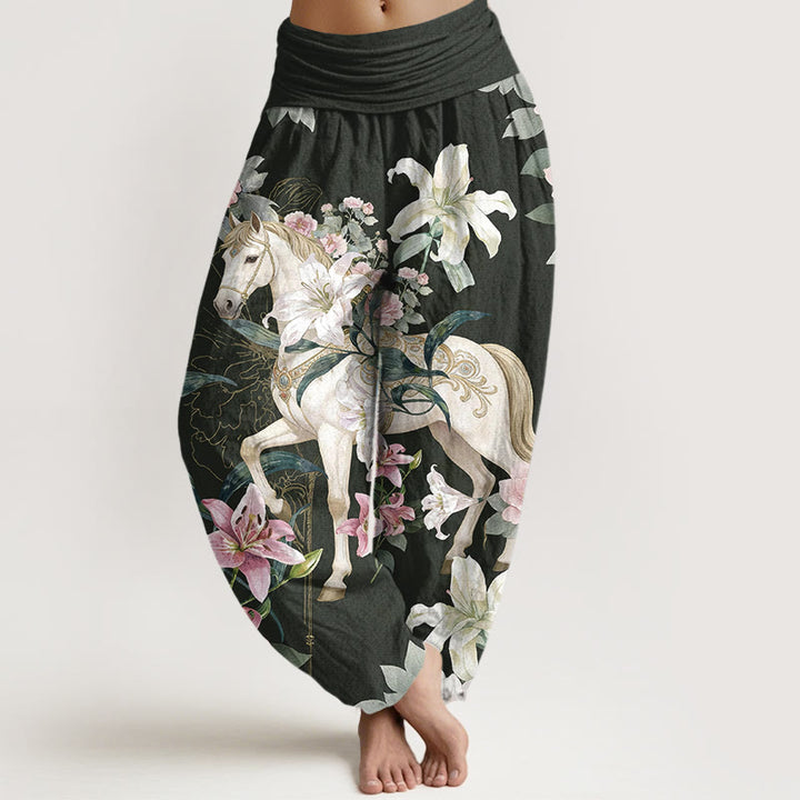 Pantalon harem pour femme, taille élastique, en pur coton, motif romantique de lys et pivoines, Buddha Stones - Gris sombre - US16，UK/AU20，EU48 (3XL) - image 8