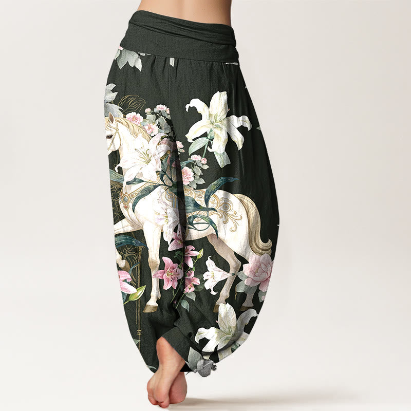 Pantalon harem pour femme, taille élastique, en pur coton, motif romantique de lys et pivoines, Buddha Stones - image 9