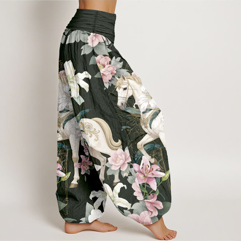 Pantalon harem pour femme, taille élastique, en pur coton, motif romantique de lys et pivoines, Buddha Stones - image 10