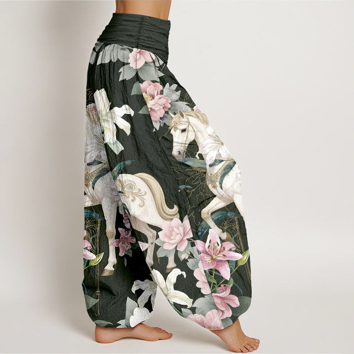 Pantalon harem pour femme, taille élastique, en pur coton, motif romantique de lys et pivoines, Buddha Stones - image 10