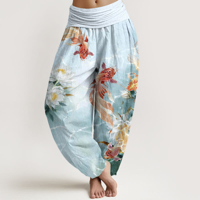 Pantalon harem pour femme en pur coton clair à motif de carpes koï et de fleurs de lotus, taille élastique , Buddha Stones - Cyan clair - US16，UK/AU20，EU48 (3XL) - image 0