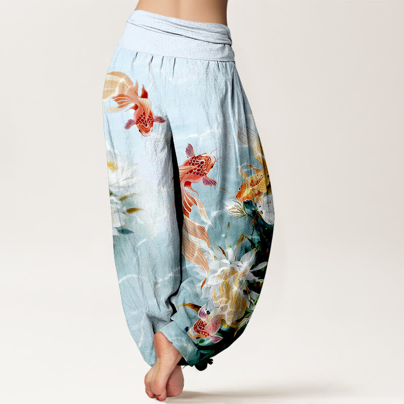 Pantalon harem pour femme en pur coton clair à motif de carpes koï et de fleurs de lotus, taille élastique , Buddha Stones - image 1