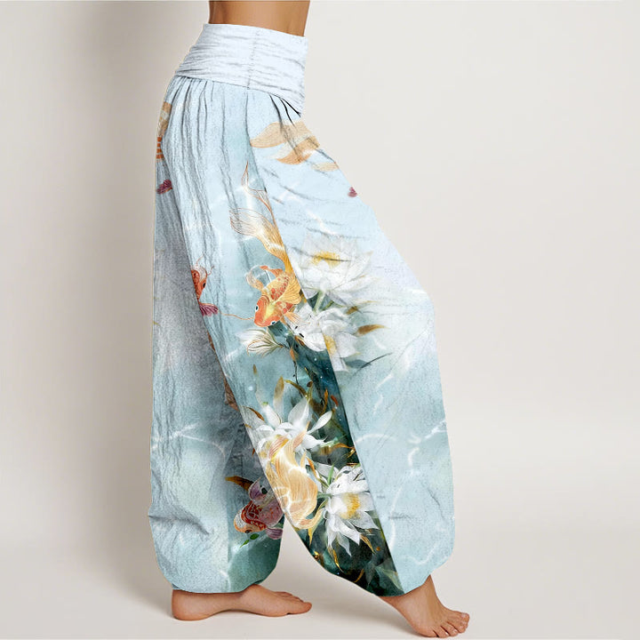 Pantalon harem pour femme en pur coton clair à motif de carpes koï et de fleurs de lotus, taille élastique , Buddha Stones - image 2