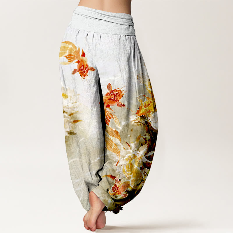 Pantalon harem pour femme en pur coton clair à motif de carpes koï et de fleurs de lotus, taille élastique , Buddha Stones - image 6