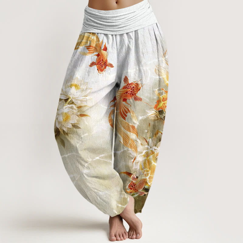 Pantalon harem pour femme en pur coton clair à motif de carpes koï et de fleurs de lotus, taille élastique , Buddha Stones - Jaune clair - US16，UK/AU20，EU48 (3XL) - image 5