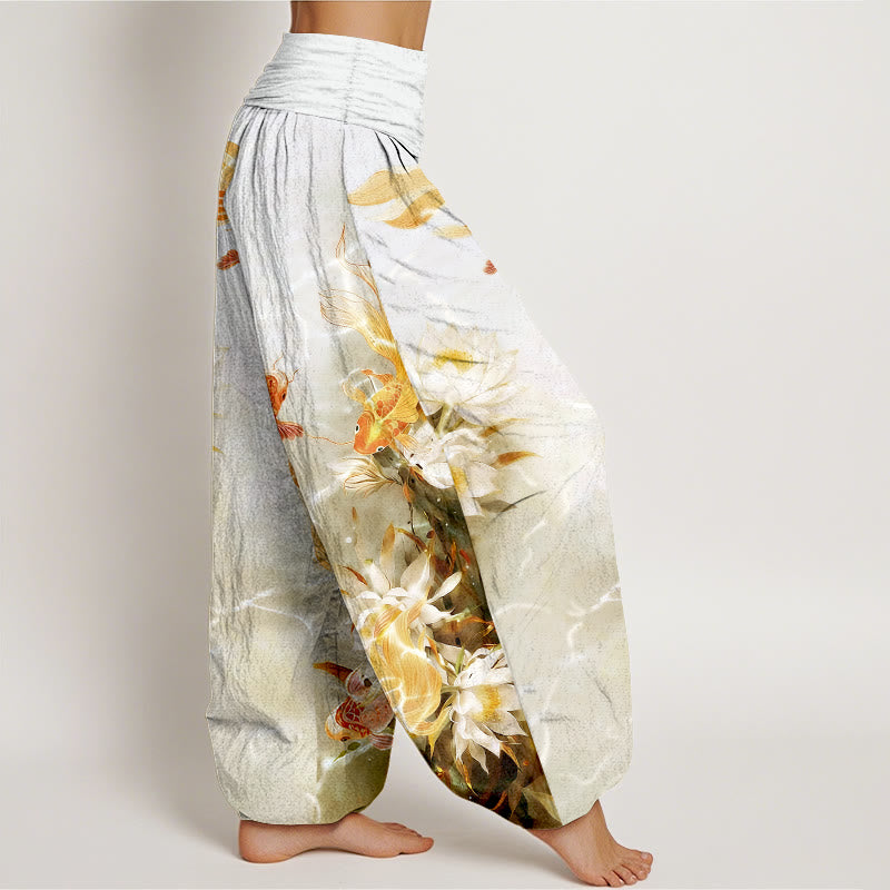 Pantalon harem pour femme en pur coton clair à motif de carpes koï et de fleurs de lotus, taille élastique , Buddha Stones - image 7