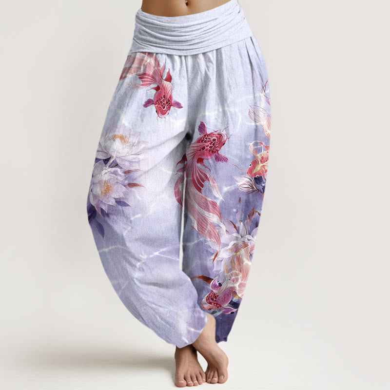 Pantalon harem pour femme en pur coton clair à motif de carpes koï et de fleurs de lotus, taille élastique , Buddha Stones - Lavande - US16，UK/AU20，EU48 (3XL) - image 8