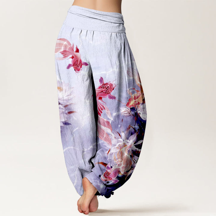 Pantalon harem pour femme en pur coton clair à motif de carpes koï et de fleurs de lotus, taille élastique , Buddha Stones - image 9