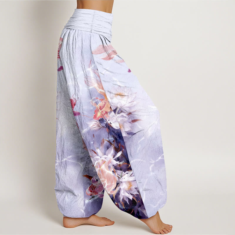 Pantalon harem pour femme en pur coton clair à motif de carpes koï et de fleurs de lotus, taille élastique , Buddha Stones - image 10