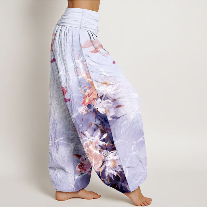 Pantalon harem pour femme en pur coton clair à motif de carpes koï et de fleurs de lotus, taille élastique , Buddha Stones - image 10