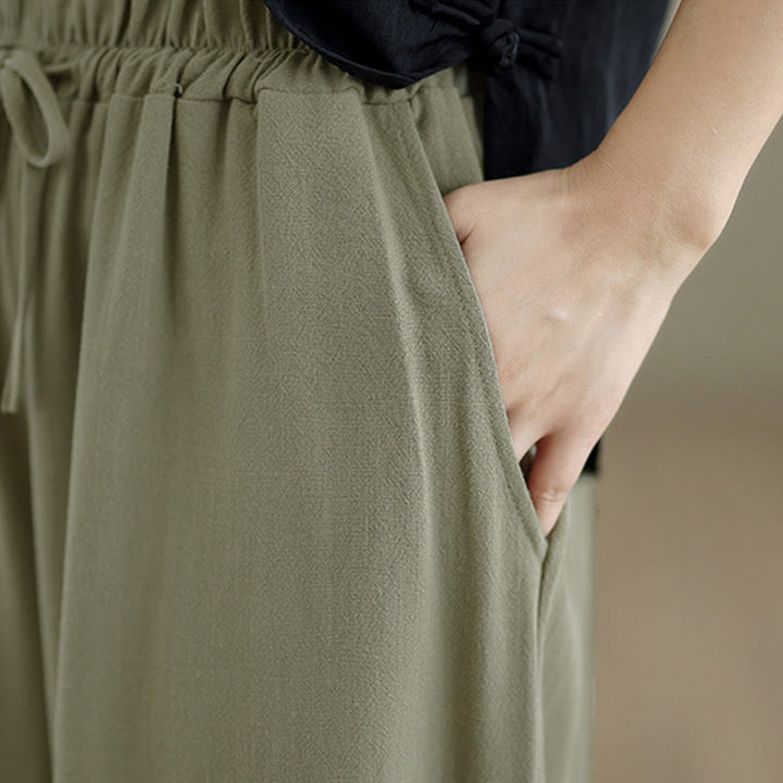 Pantalon large en coton et lin uni pour femme, avec cordon de serrage et poches, longueur cheville , de la Buddha Stones - image 7