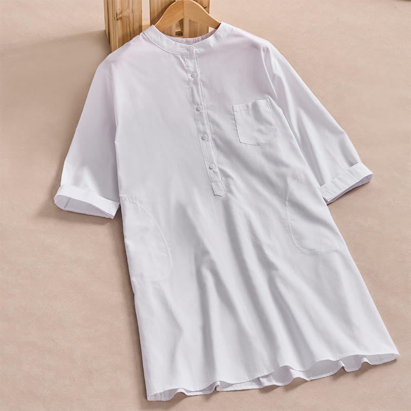 Chemises en coton à manches trois-quarts avec poches, motif boutons unis et Buddha Stones, style automne - Blanc - US14，UK/AU18，EU46 (2XL) - image 8