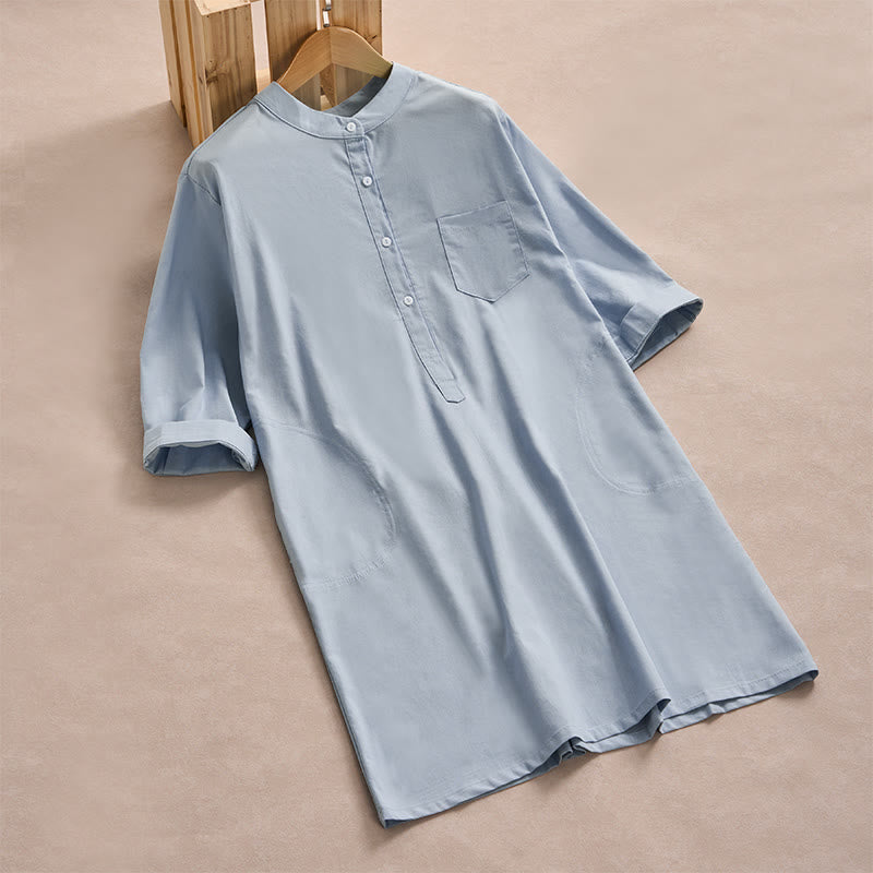Chemises en coton à manches trois-quarts avec poches, motif boutons unis et Buddha Stones, style automne - Bleu clair - US14，UK/AU18，EU46 (2XL) - image 0