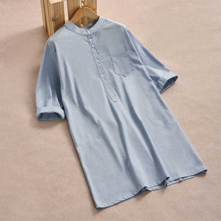Chemises en coton à manches trois-quarts avec poches, motif boutons unis et Buddha Stones, style automne - Bleu clair - US14，UK/AU18，EU46 (2XL) - image 0