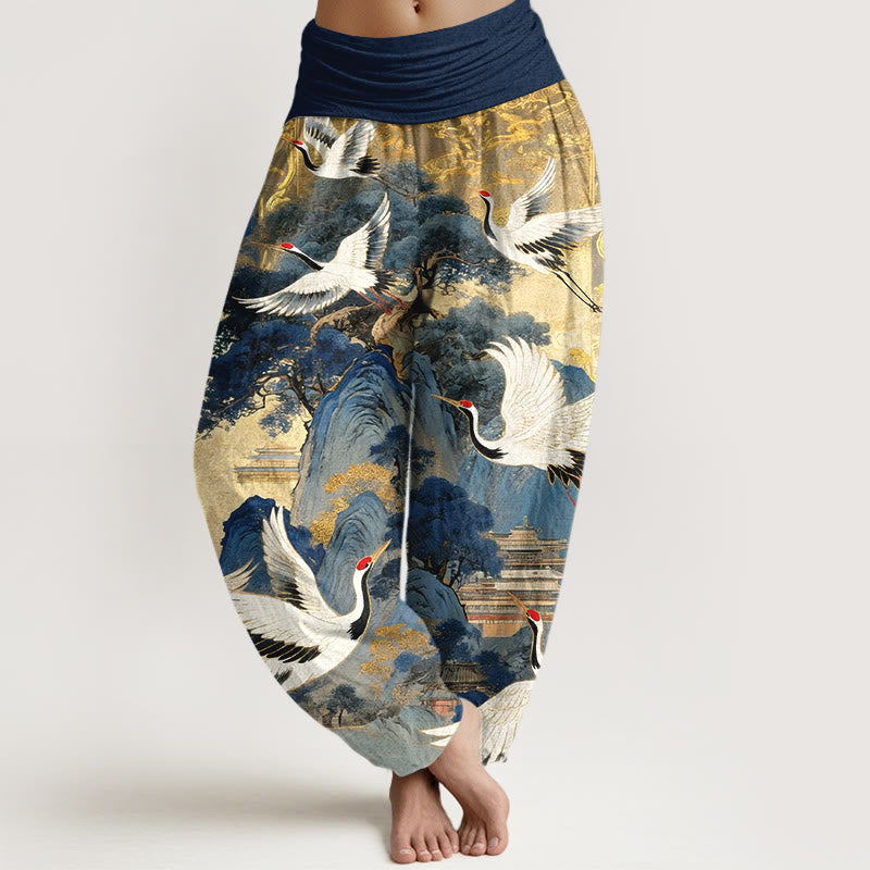 Pantalon harem à taille élastique pour femme, en pur coton, motif magnifique sapin de la montagne et pierres de Buddha Stones - Bleu foncé - US16，UK/AU20，EU48 (3XL) - image 0