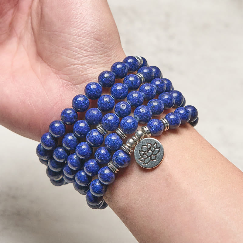 Mala de 108 perles en lazurite, lapis-lazuli et Buddha Stones, symbole du lotus, porte-bonheur positif - image 3