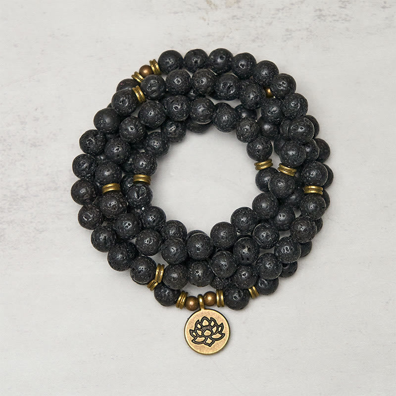 Mala en Buddha Stones rétro en forme de lotus, perle de lave, symbole de guérison et de nouveau départ - Roche de lave - image 0