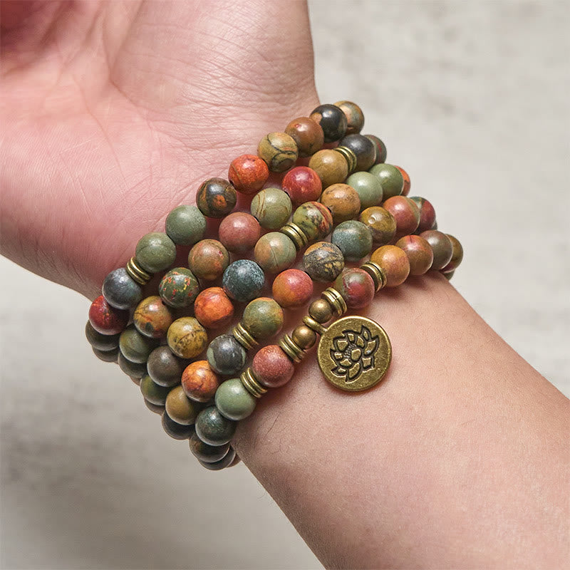 Mala chaude en perles rondes, turquoise rouge, avec pendentif lotus rétro en Buddha Stones - image 3