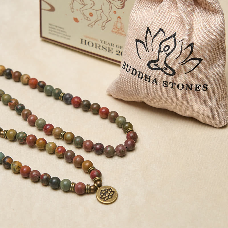 Mala chaude en perles rondes, turquoise rouge, avec pendentif lotus rétro en Buddha Stones - image 5