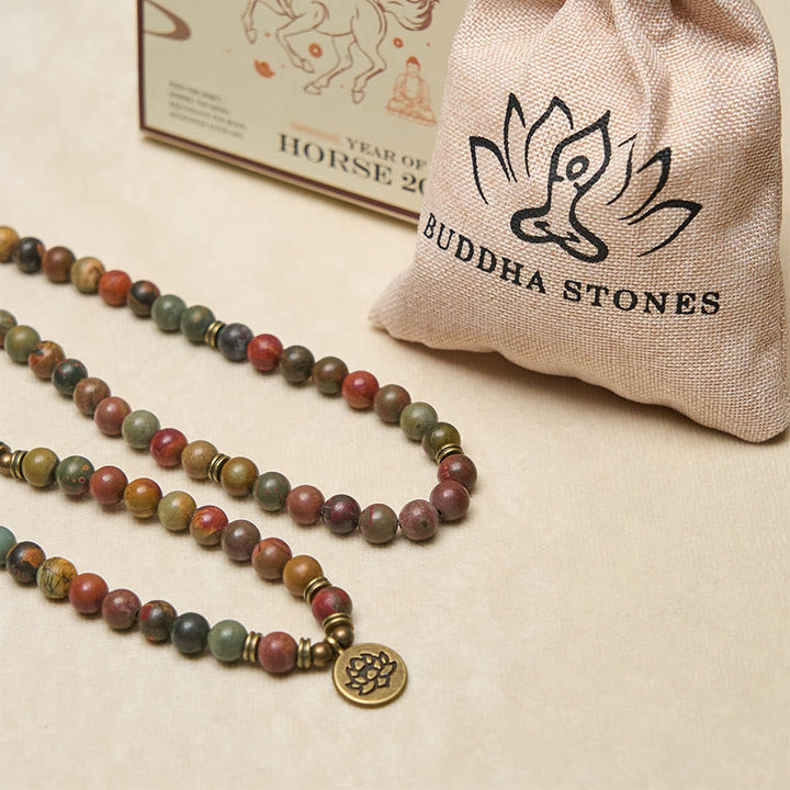 Mala chaude en perles rondes, turquoise rouge, avec pendentif lotus rétro en Buddha Stones - image 5