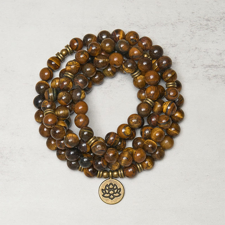 Mala de force en Buddha Stones, symbole du lotus et œil de tigre - Œil de tigre - 8 mm - image 0