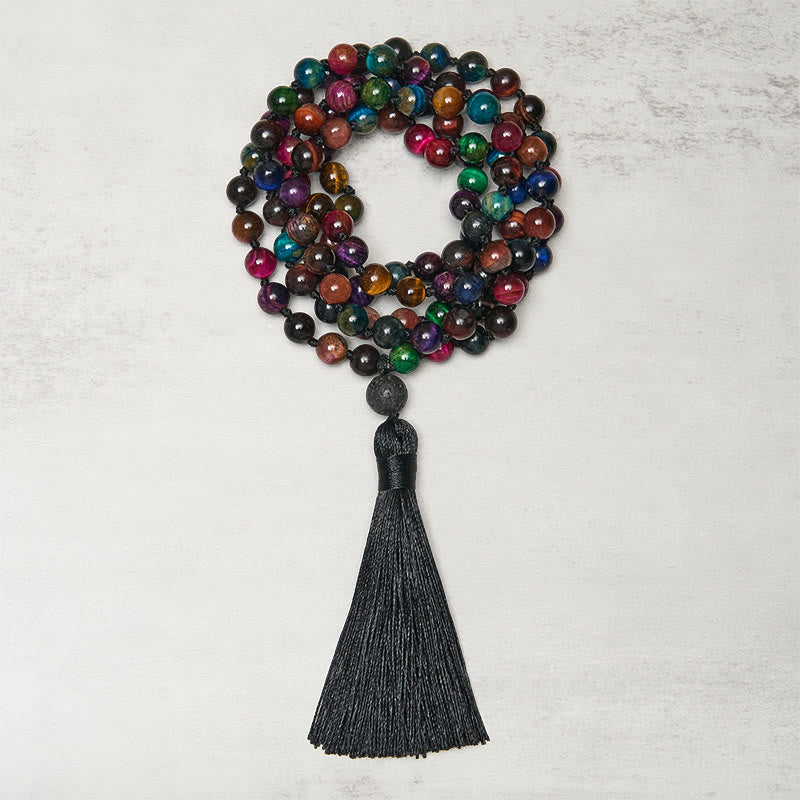 Mala de force à pompon en Buddha Stones multicolores : œil de tigre jaune, œil de tigre vert, œil de tigre bleu, œil de tigre rouge. - Œil de tigre - image 0